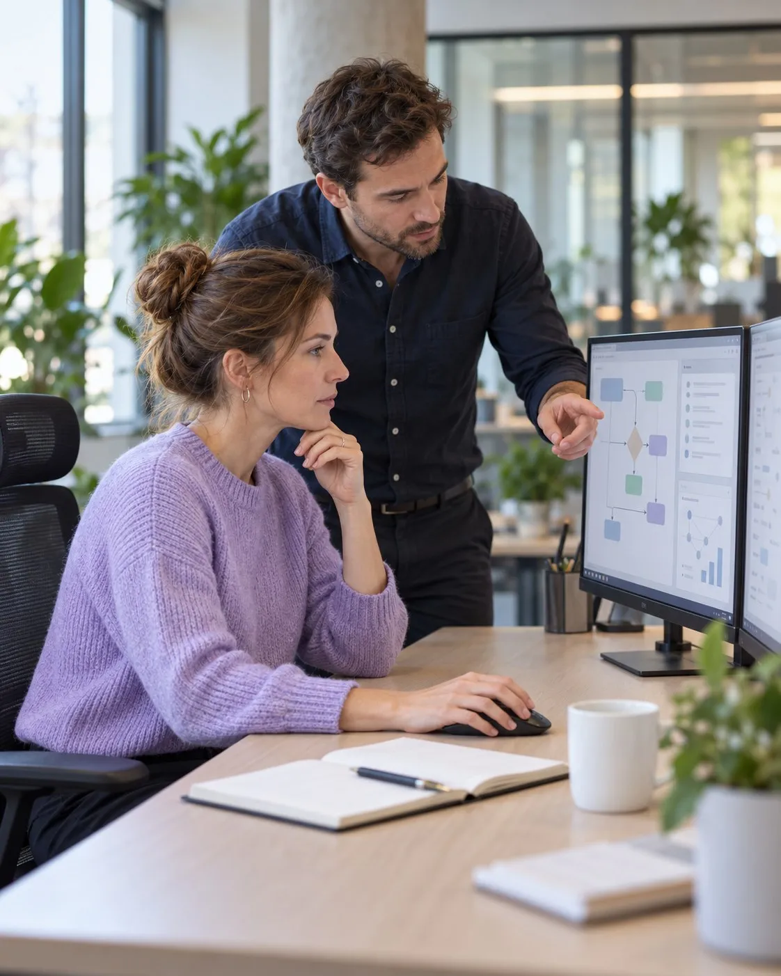 A professional in a lilac jumper reviews a flow diagram on her monitor while a colleague standing beside her points at the screen.