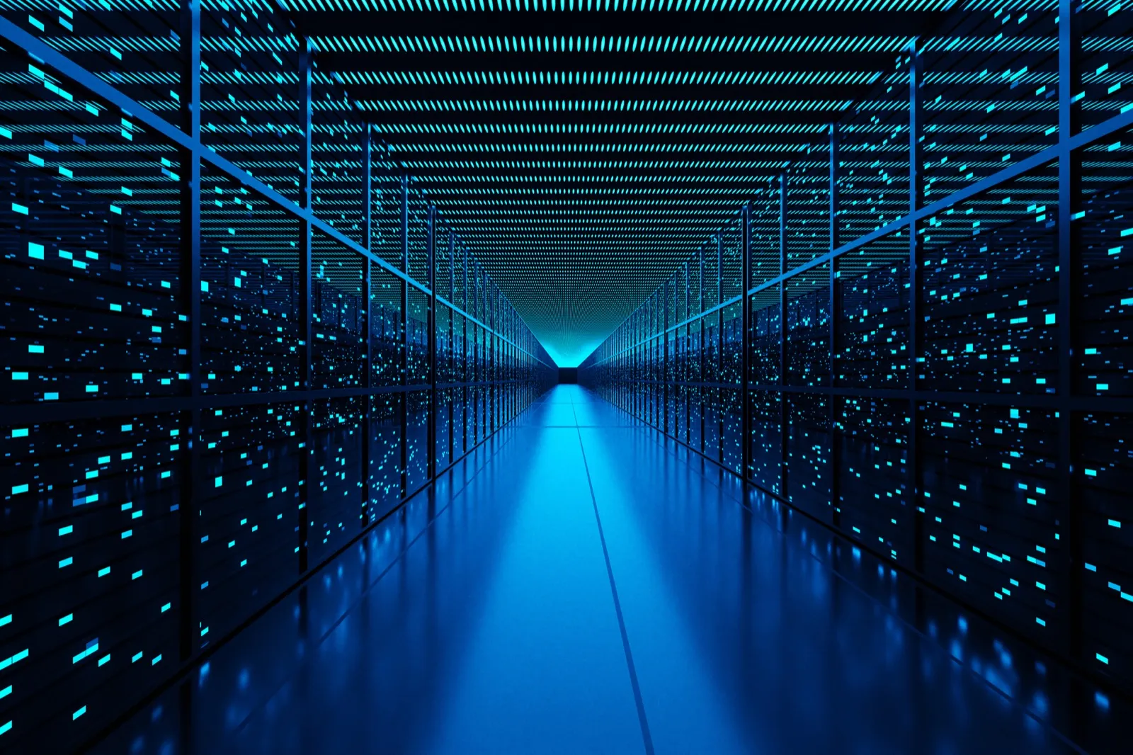 A data centre aisle between rows of servers with blue lights receding into the distance.