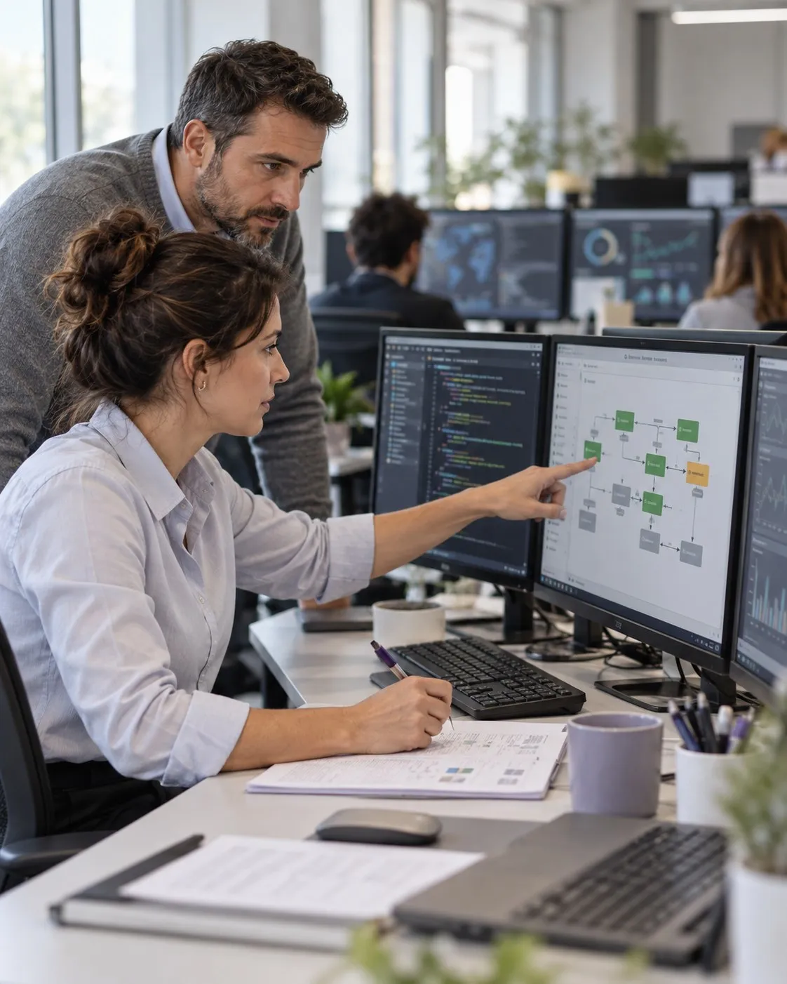 A professional points on her monitor to a flow diagram with one step highlighted in amber while a colleague standing beside her watches the screen.