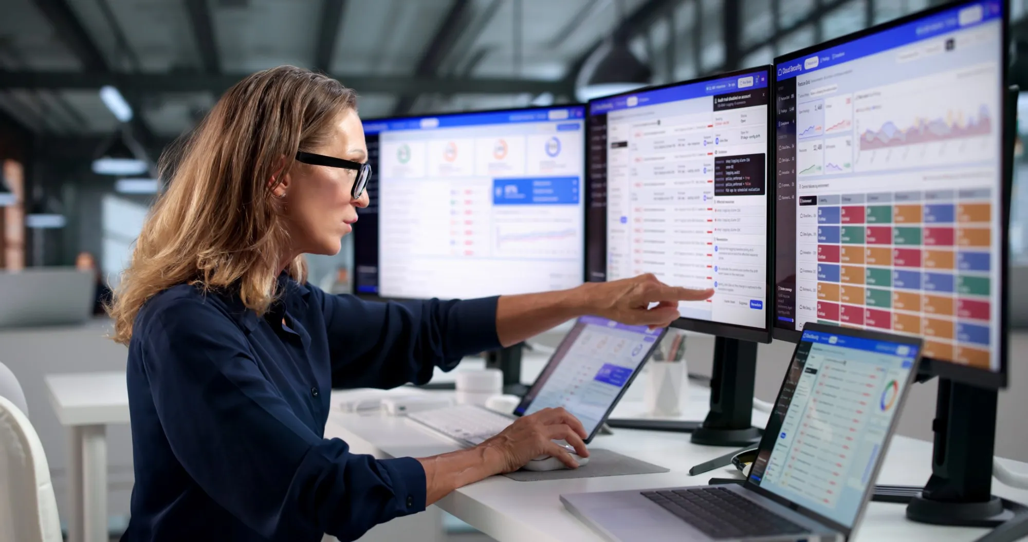 A woman with glasses points at one of her workstation monitors, showing data dashboards, while working on a laptop.