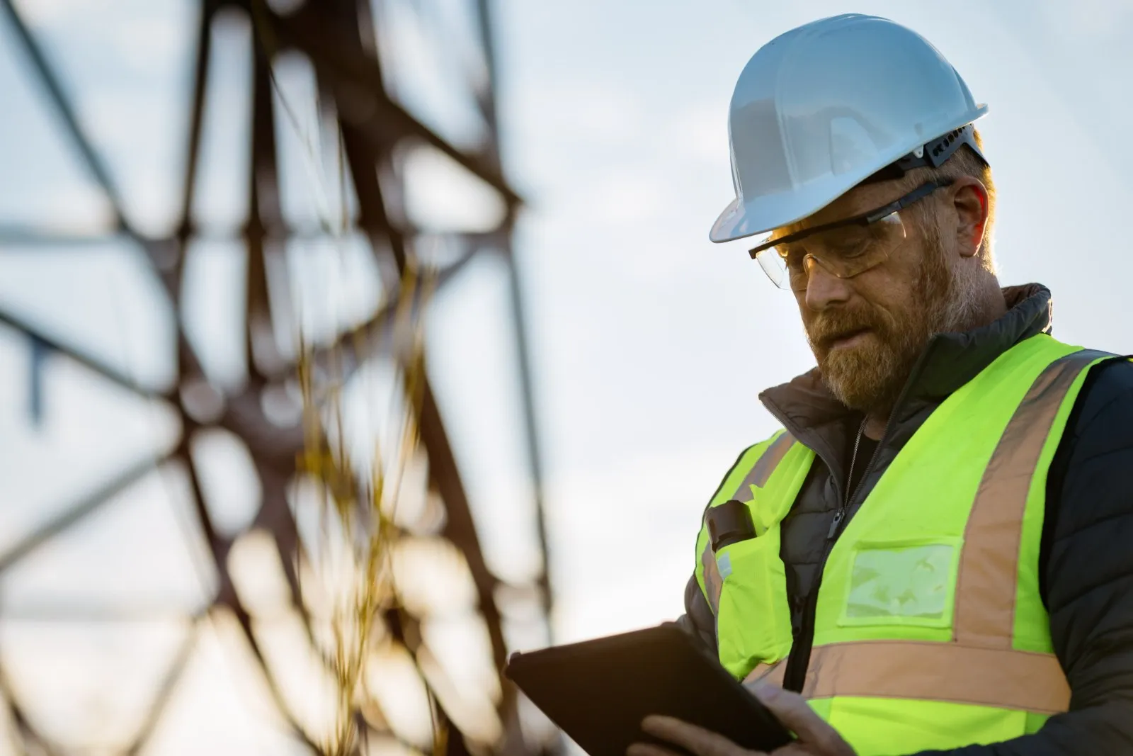 Un técnico con casco, gafas de protección y chaleco reflectante consulta una tableta junto a una torre eléctrica.