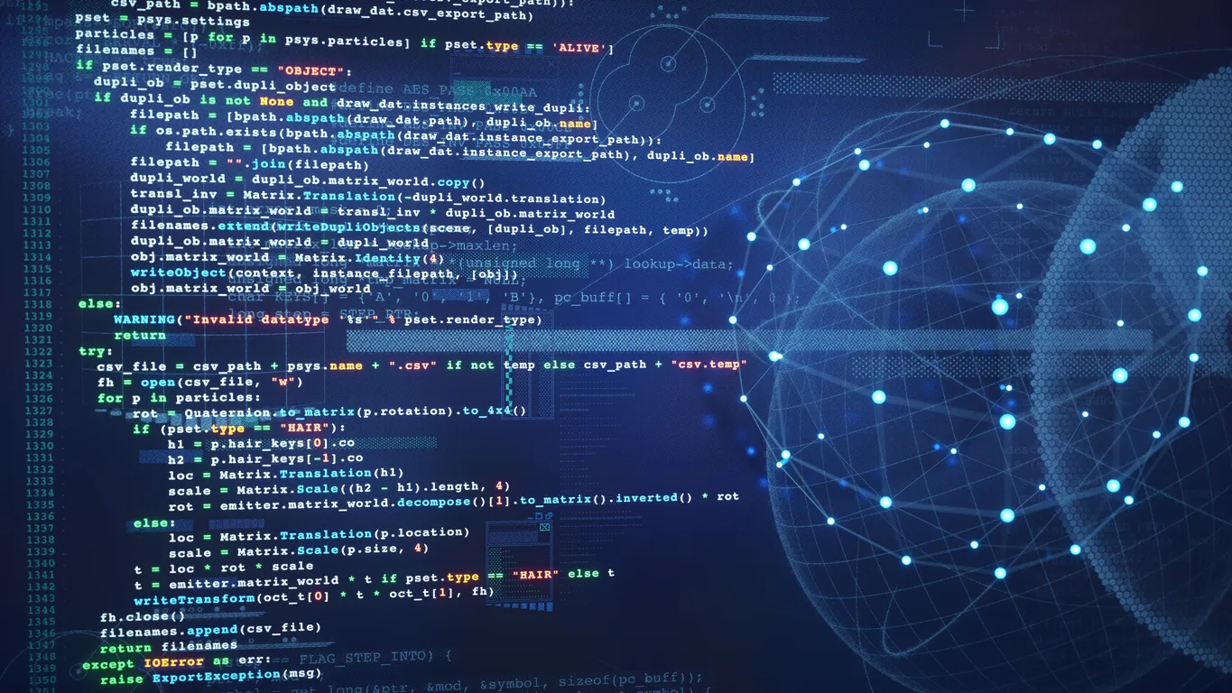 Código de programación junto a una esfera de nodos luminosos sobre fondo azul oscuro.