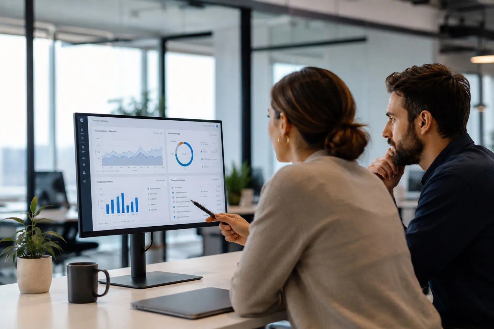 Two colleagues analyse a dashboard of data charts on a monitor; she points at the screen with a pencil.