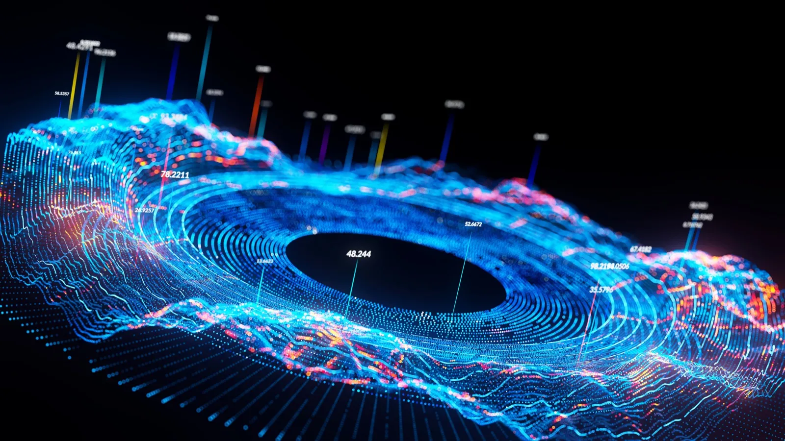Digital data visualisation: an undulating surface of blue and red particles with numerical indicators floating above it.