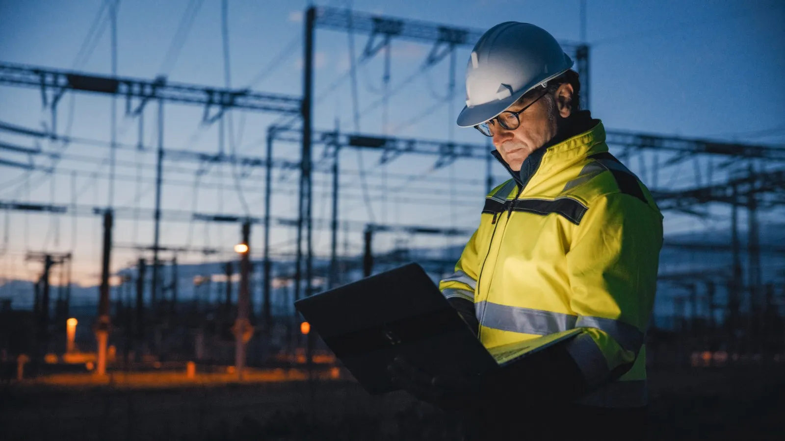 A technician in a hard hat and high-visibility jacket works on a laptop at an electrical substation at dusk.