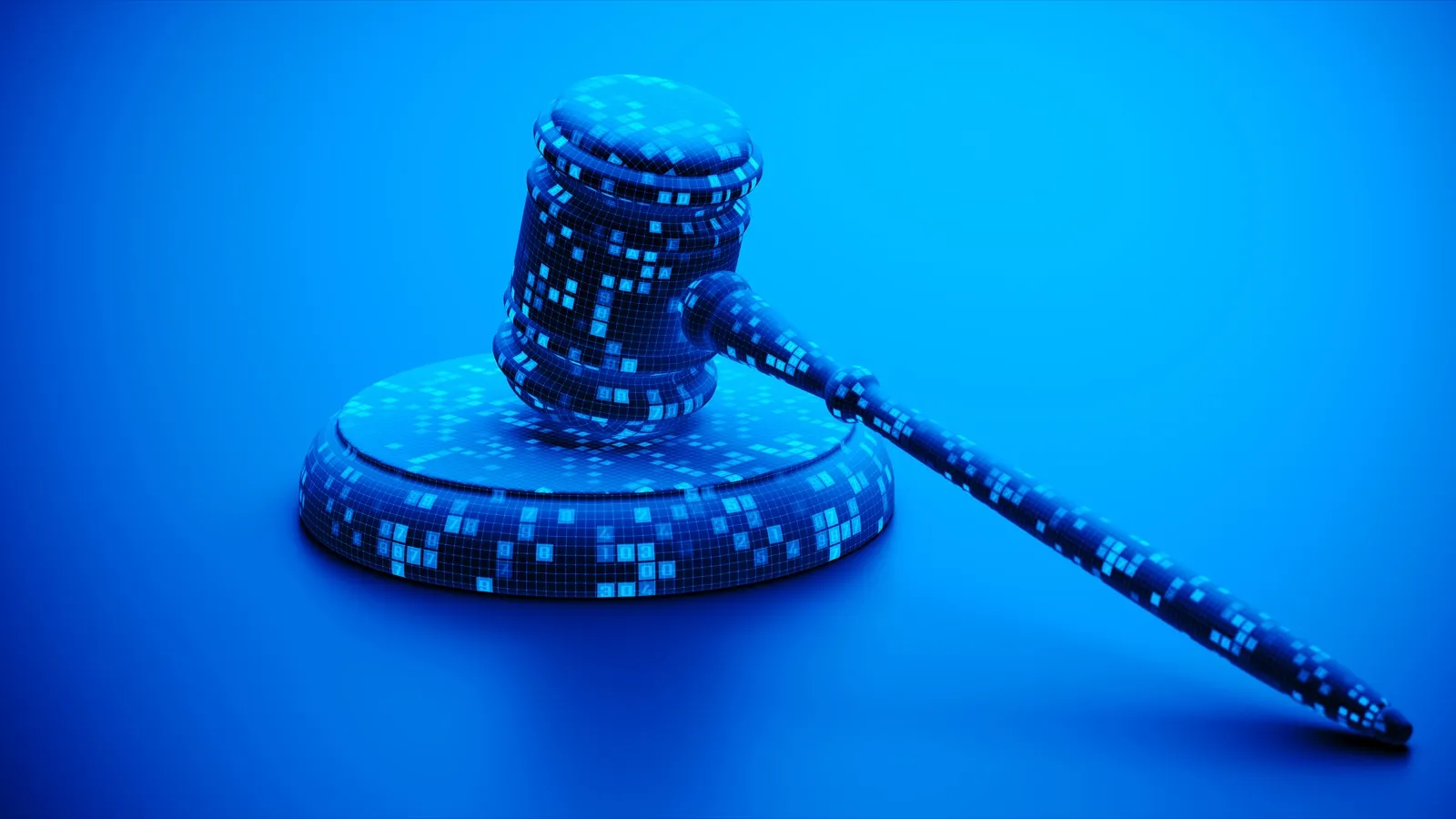 A digital judge's gavel made of glowing pixels against a blue background.
