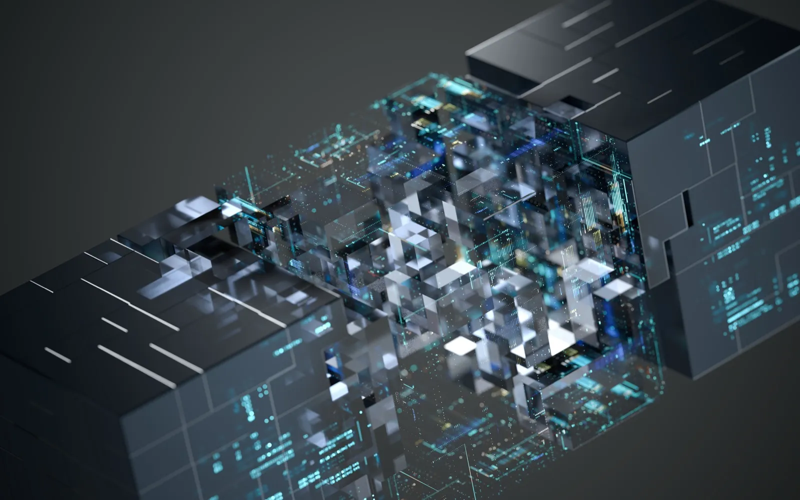 A dark digital block breaking down into small glowing cubes in its central section.