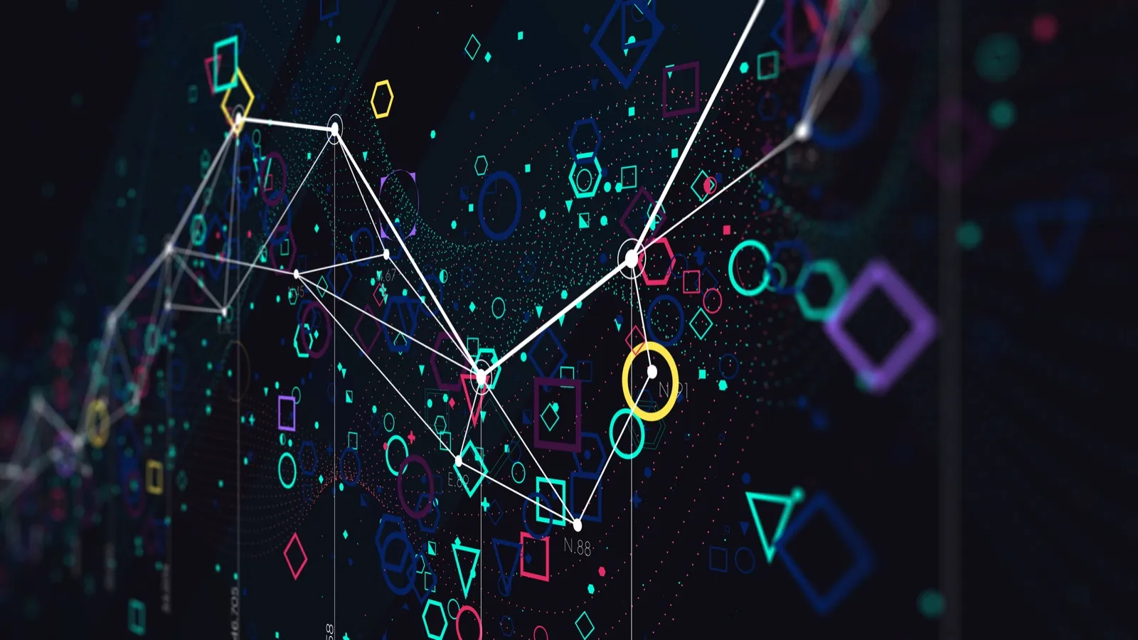 A network of nodes joined by white lines among colourful geometric shapes on a dark background.