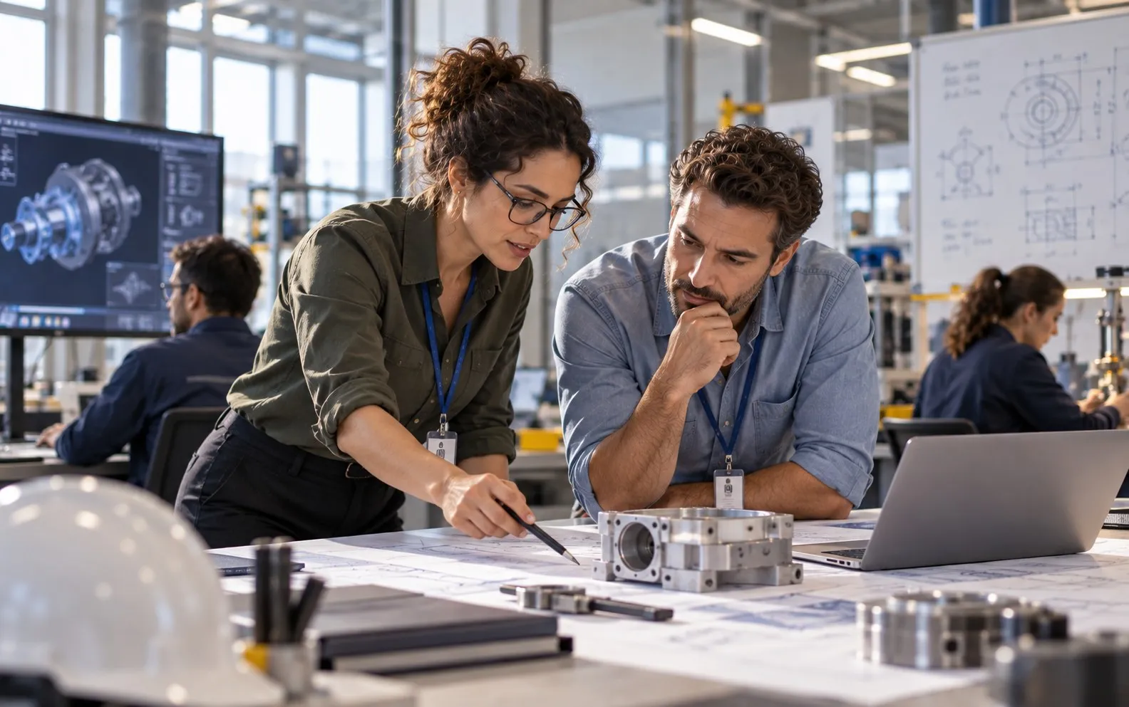 An engineer points at a drawing with a pencil while a thoughtful colleague looks at a machined part on a technical workshop table.