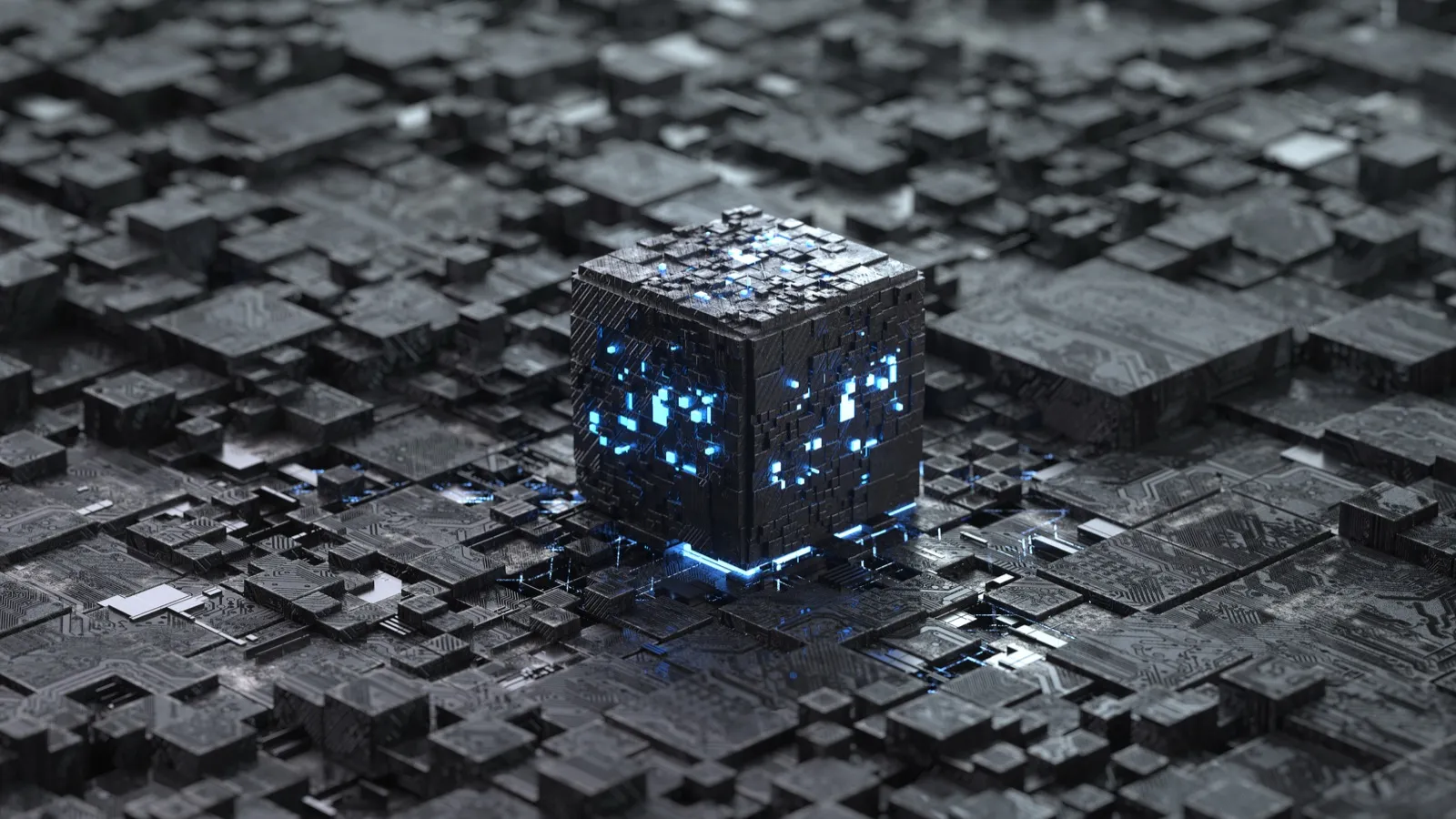A dark cube with blue lights inside, resting on a surface of blocks reminiscent of a circuit.