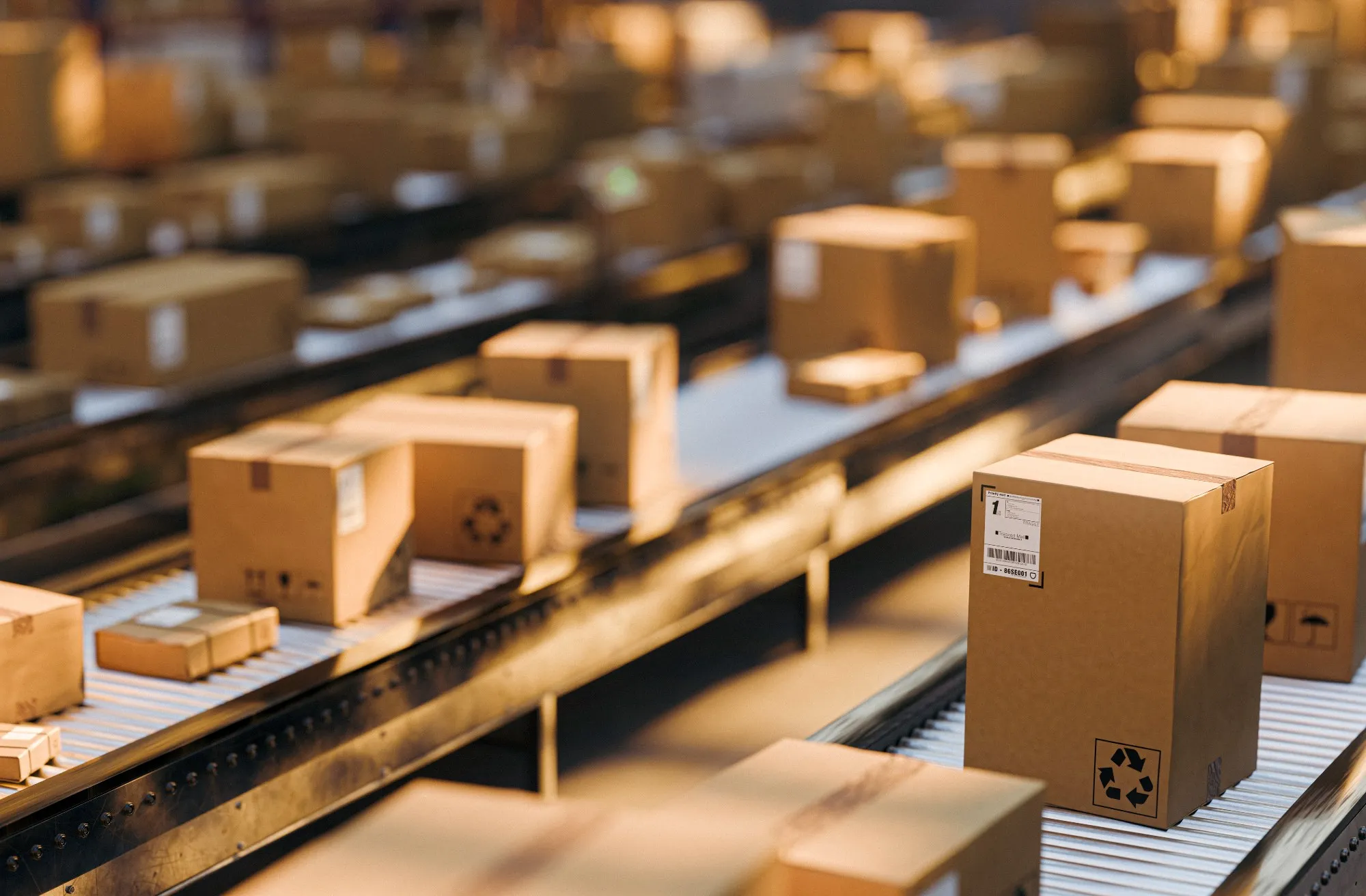 Cardboard boxes move along several conveyor belts in a logistics centre.