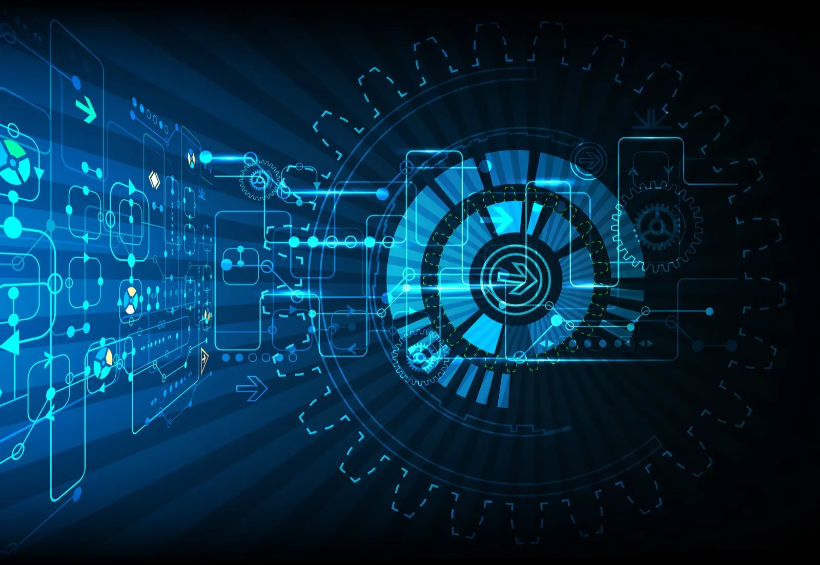 A blue digital composition with gears, arrows and connected circuit diagrams on a dark background.