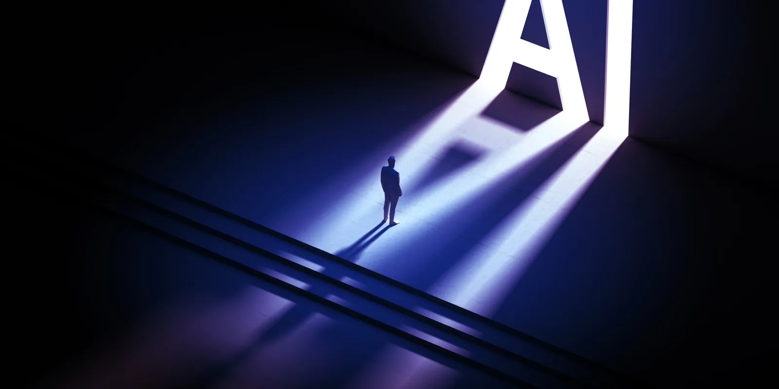 A tiny figure stops in front of the light coming through an opening shaped like the letters AI.