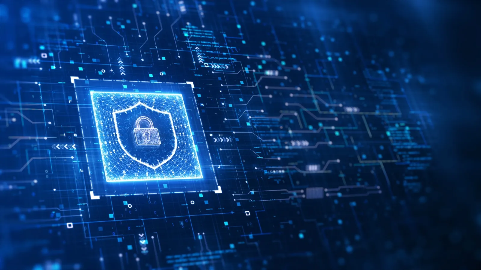 A shield with a padlock glows at the centre of an electronic circuit lit in blue.