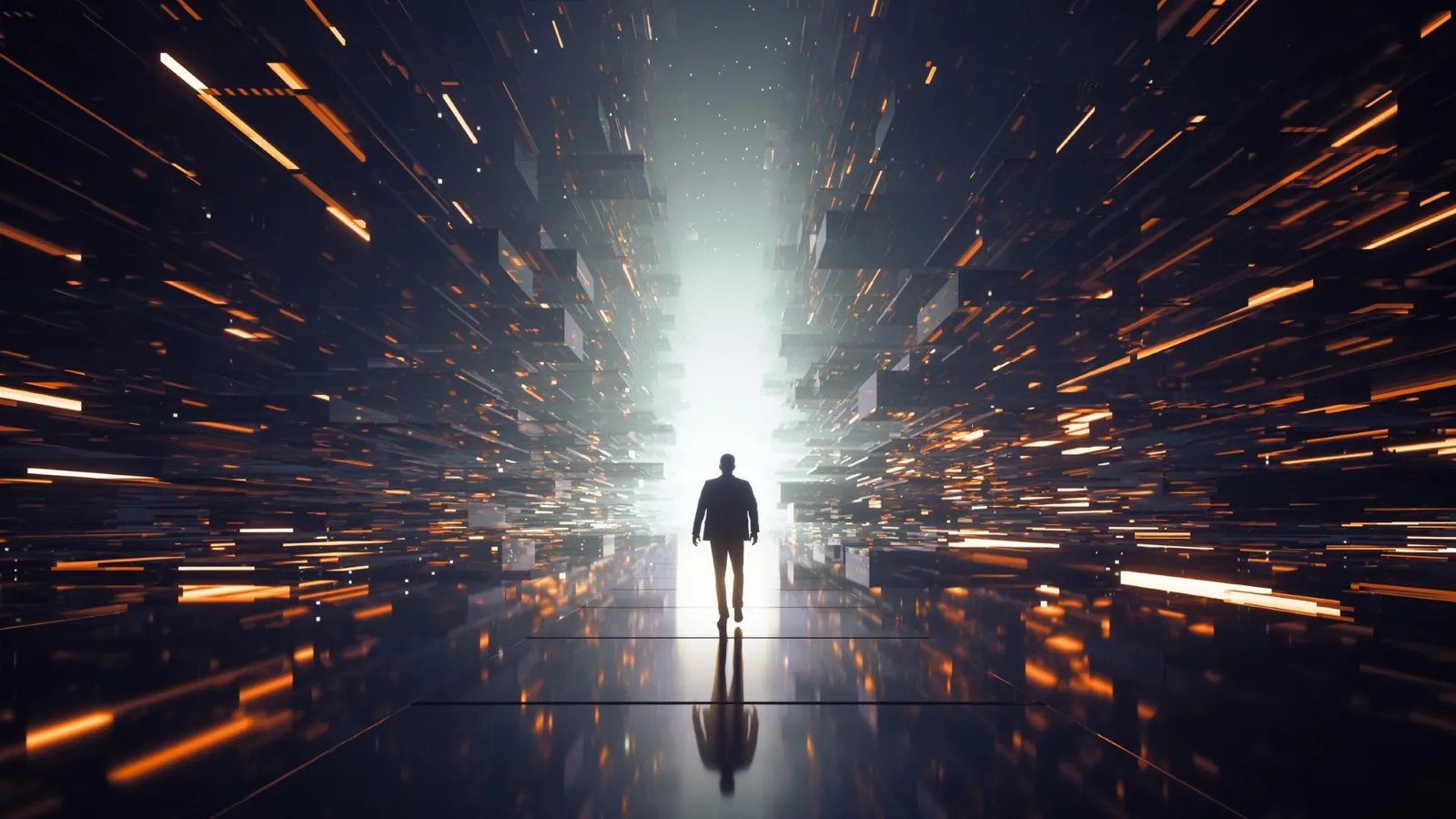 A person walks towards a white light along a digital corridor of blocks with orange flashes.